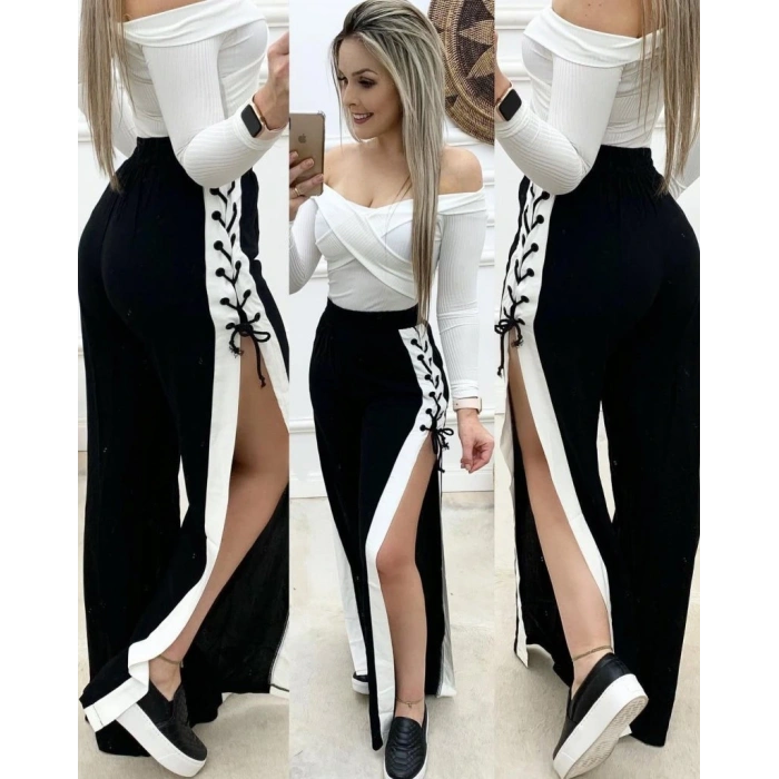 Kadın Yüksek Bel Yandan çapraz Bağcıklı Yırtmaçlı Viskon Iki Iplik Pantolon