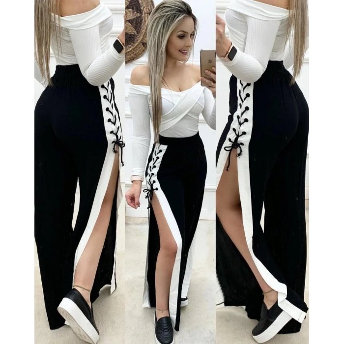 Kadın Yüksek Bel Yandan çapraz Bağcıklı Yırtmaçlı Viskon Iki Iplik Pantolon