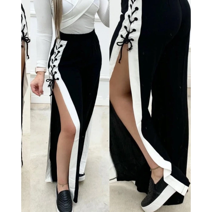 Kadın Yüksek Bel Yandan çapraz Bağcıklı Yırtmaçlı Viskon Iki Iplik Pantolon