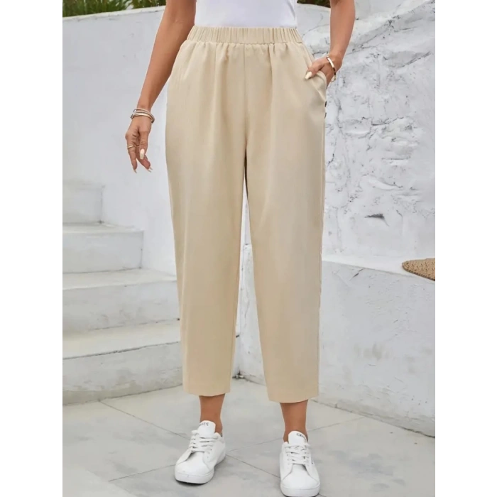 Kadın Yüksek Bel Yandan Cepli Düğme Detaylı Geniş Kesim Ithal Krep Pantolon
