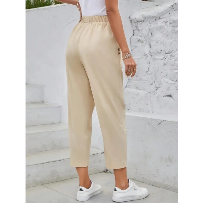 Kadın Yüksek Bel Yandan Cepli Düğme Detaylı Geniş Kesim Ithal Krep Pantolon