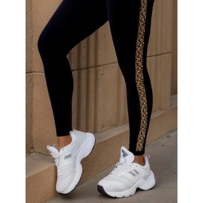 Kadın Yüksek Bel Yandan Leopar Desen Detaylı Dalgıç Tayt