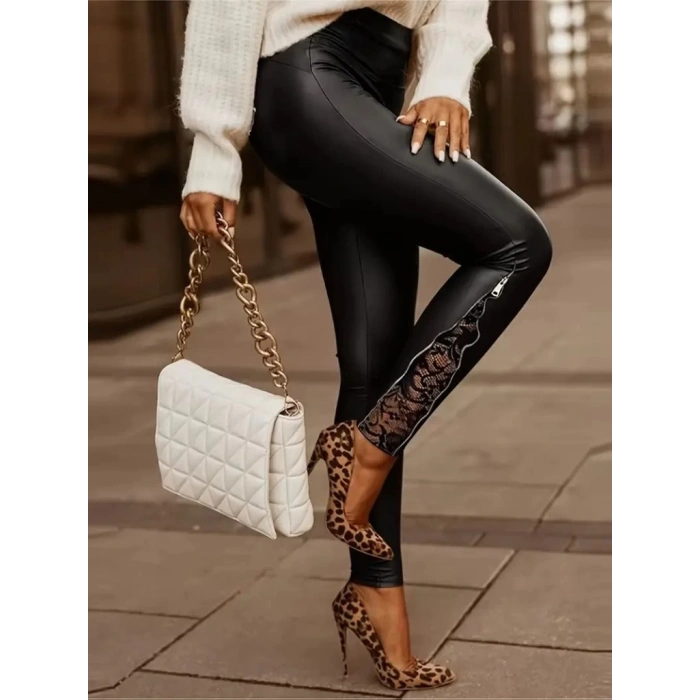 Kadın Yüksek Bel Yandan Yırtmaçlı Dantel Detaylı Deri Tayt