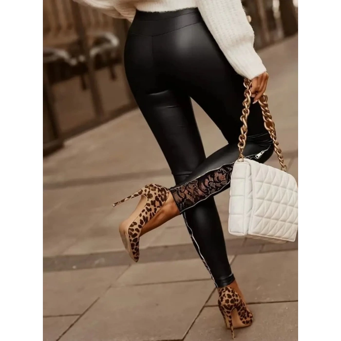 Kadın Yüksek Bel Yandan Yırtmaçlı Dantel Detaylı Deri Tayt