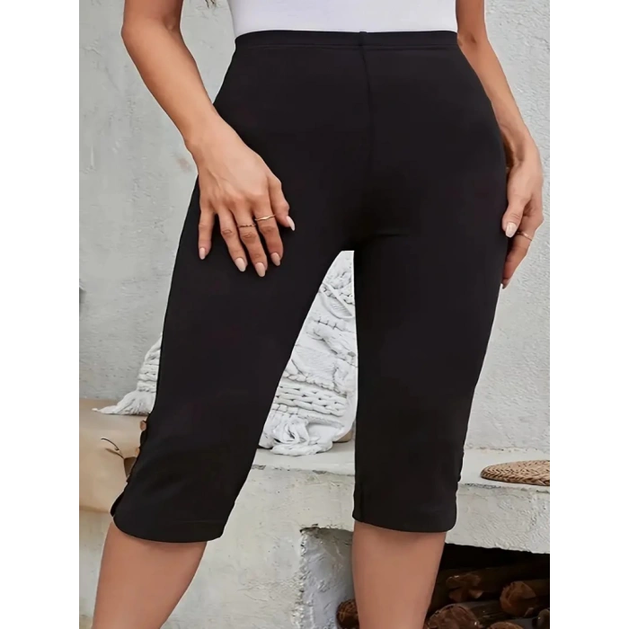 Kadın Yüksek Bel Yanlardan Düğmeli Kısa Ithal Krep Pantolon