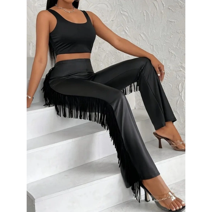 Kadın Yüksek Bel Yanlardan Püsküllü Deri Pantolon