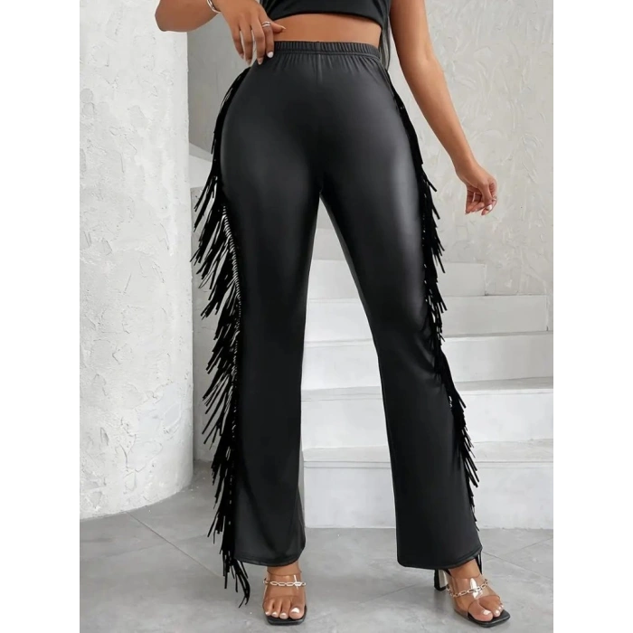 Kadın Yüksek Bel Yanlardan Püsküllü Deri Pantolon