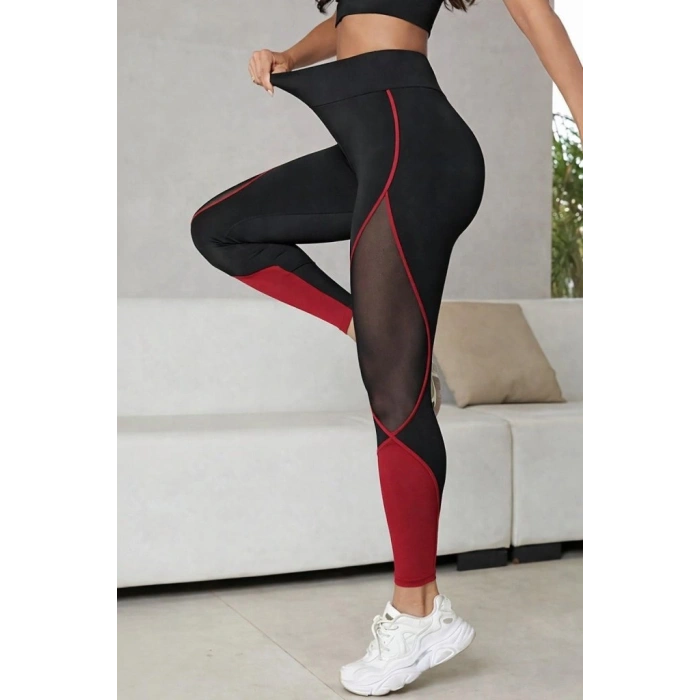 Kadın Yüksek Bel Yanlardan Tül Detaylı çift Renkli Spor Dalgıç Tayt