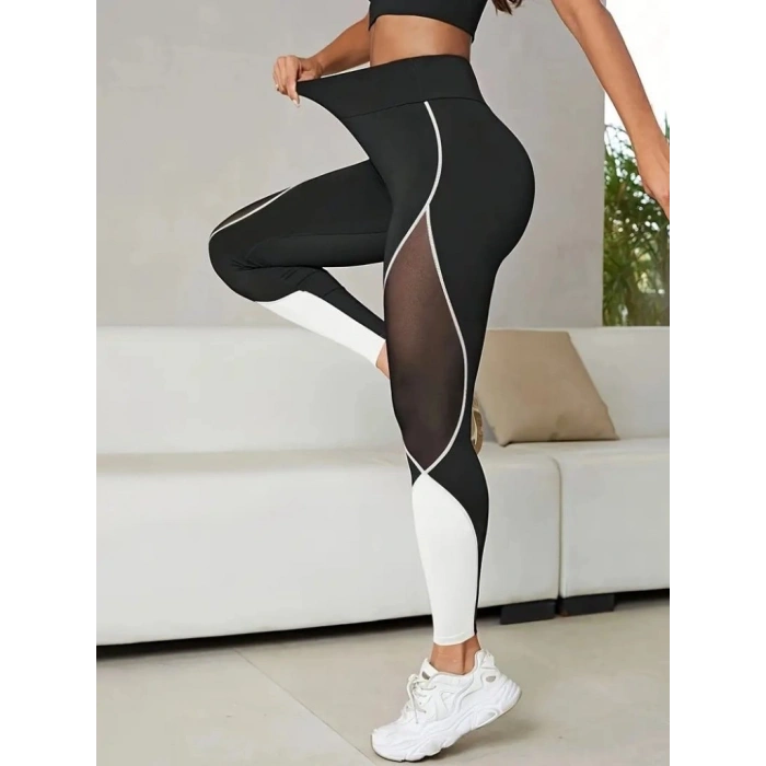 Kadın Yüksek Bel Yanlardan Tül Detaylı çift Renkli Spor Dalgıç Tayt