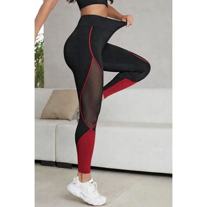 Kadın Yüksek Bel Yanlardan Tül Detaylı çift Renkli Spor Dalgıç Tayt