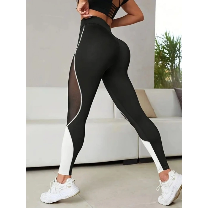 Kadın Yüksek Bel Yanlardan Tül Detaylı çift Renkli Spor Dalgıç Tayt