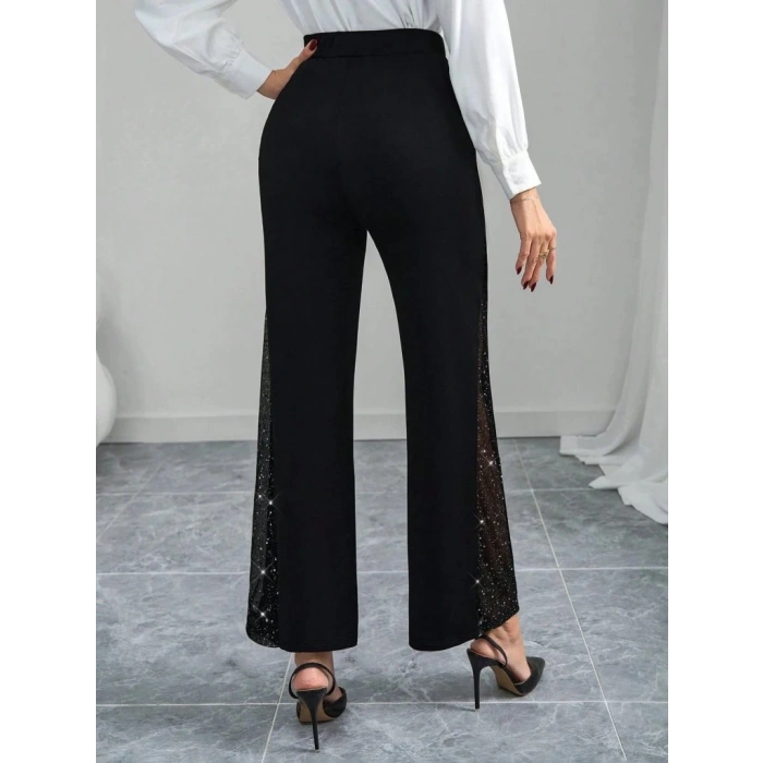 Kadın Yüksek Bel Yanlardan Tül Detaylı Ithal Krep Pantolon