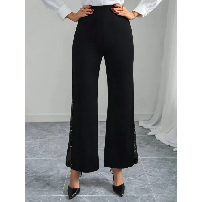 Kadın Yüksek Bel Yanlardan Tül Detaylı Ithal Krep Pantolon