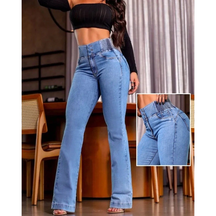 Kadın Yüksek Bel Yanları Lastik önü Düğmeli Kot Pantolon