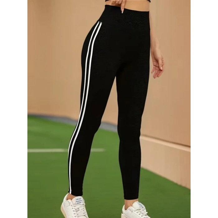 Kadın Yüksek Bel Yanları şerit Detaylı Uzun Sporcu Tayt