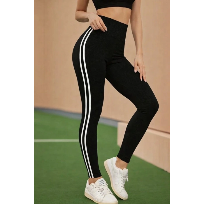 Kadın Yüksek Bel Yanları şerit Detaylı Uzun Sporcu Tayt