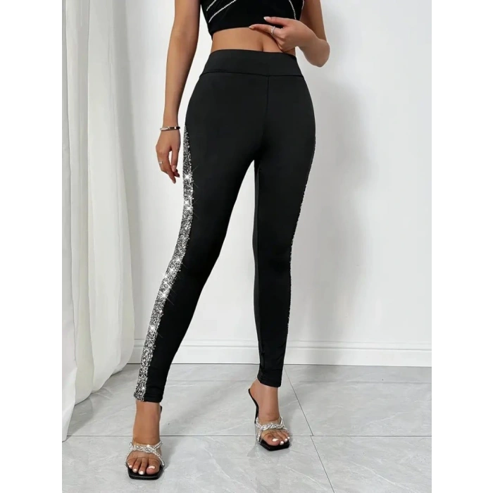Kadın Yüksek Bel Yarı şerit Pul Payetli Dalgıç Tayt