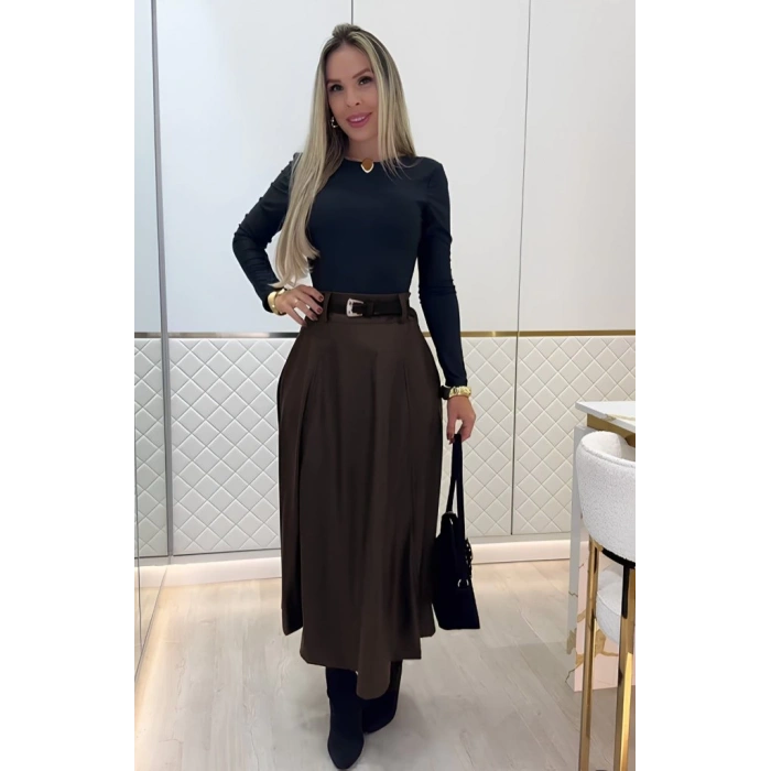 Kadın Yüksek Belli Maxi Deri Kemersiz Etek