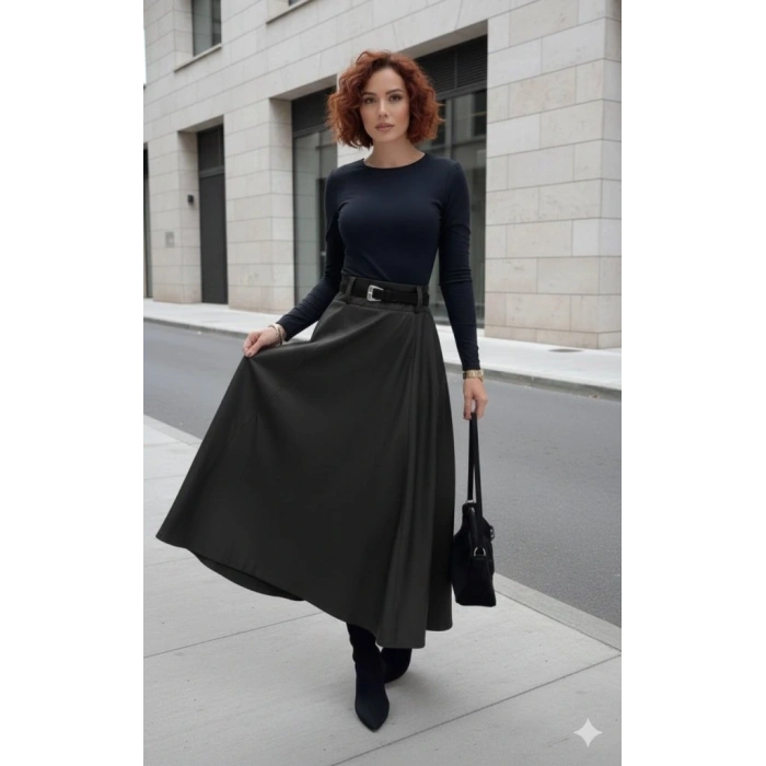 Kadın Yüksek Belli Maxi Deri Kemersiz Etek