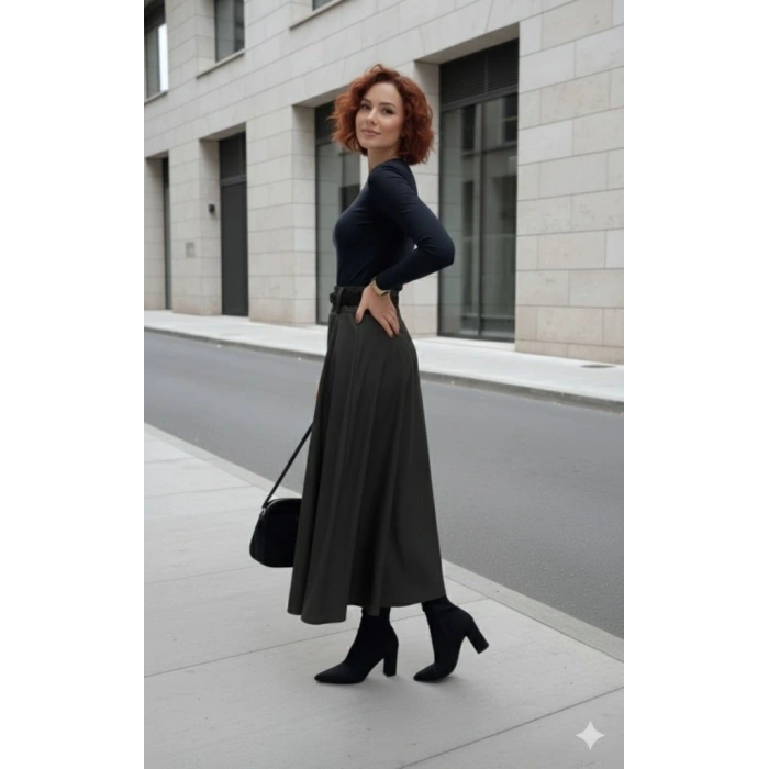 Kadın Yüksek Belli Maxi Deri Kemersiz Etek