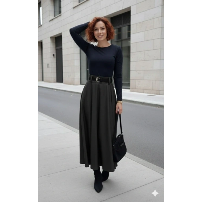 Kadın Yüksek Belli Maxi Deri Kemersiz Etek