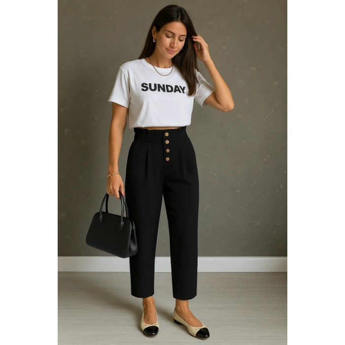 Kadın Yüksek Belli önden Düğmeli Ithal Keten Pantolon