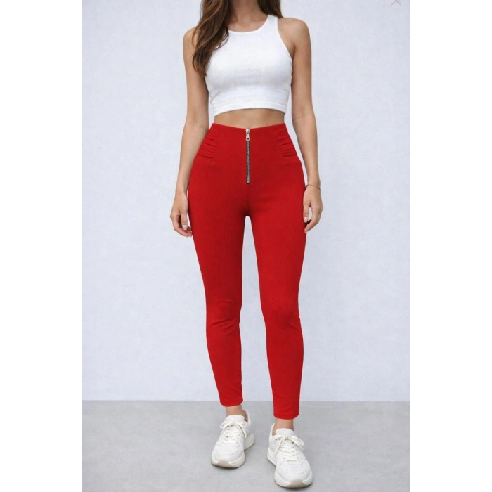 Kadın Yüksek Belli önden Fermuar Ve Nervur Detaylı Dalgıç Tayt