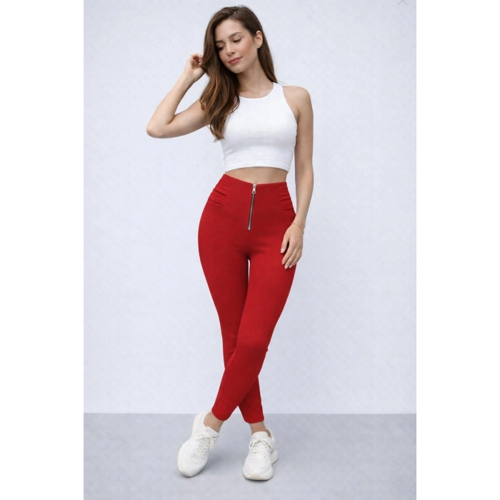 Kadın Yüksek Belli önden Fermuar Ve Nervur Detaylı Dalgıç Tayt