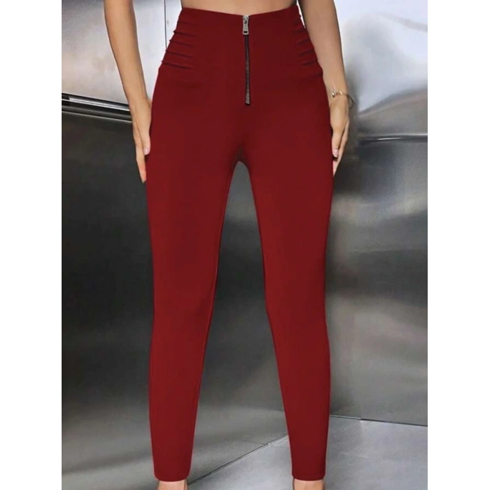 Kadın Yüksek Belli önden Fermuar Ve Nervur Detaylı Dalgıç Tayt