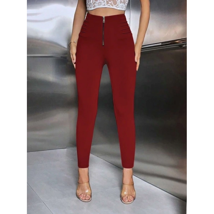 Kadın Yüksek Belli önden Fermuar Ve Nervur Detaylı Dalgıç Tayt