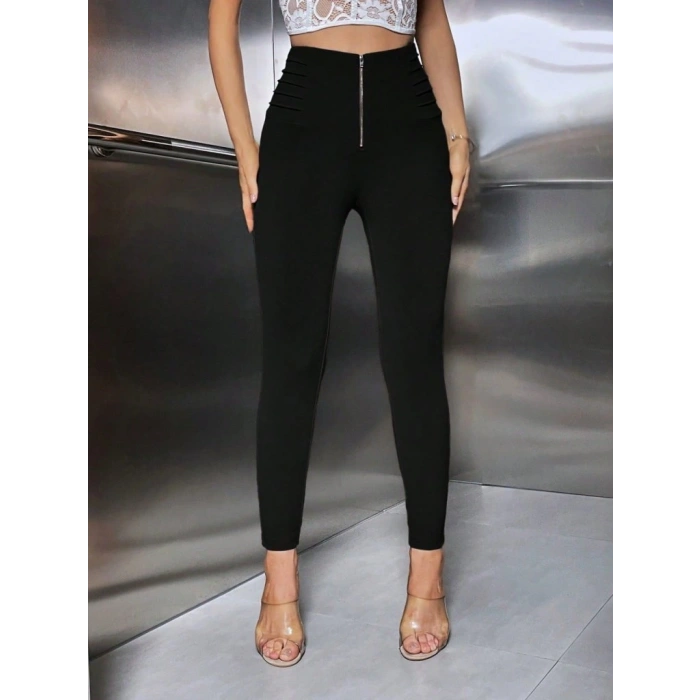 Kadın Yüksek Belli önden Fermuar Ve Nervur Detaylı Dalgıç Tayt