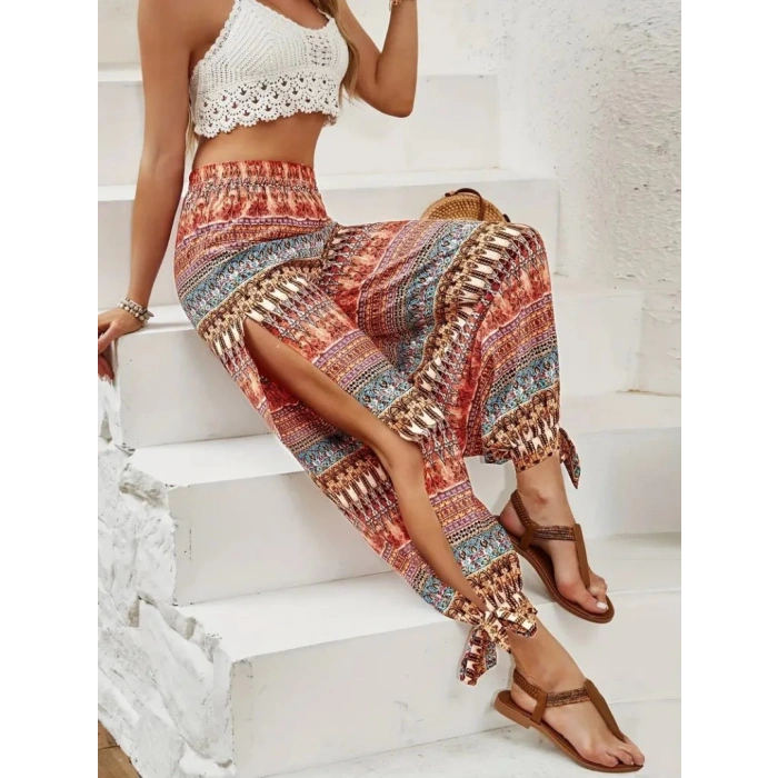 Kadın Yüksek Belli Yanlardan Yırtmaç Detaylı Desenli Bürümcük Pantolon
