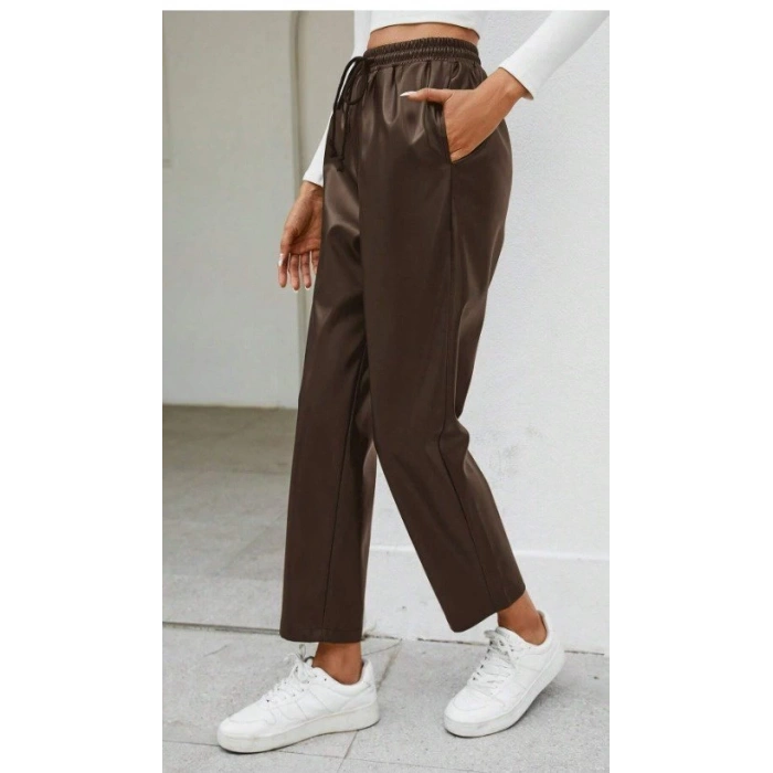 Kadın Yüksel Bel Bağcıklı Deri Pantolon