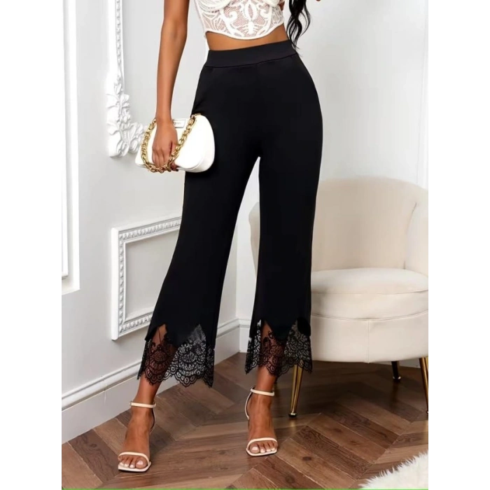 Kadın Yüksel Bel Paça Ağzı Dantelli Dalgıç Pantolon