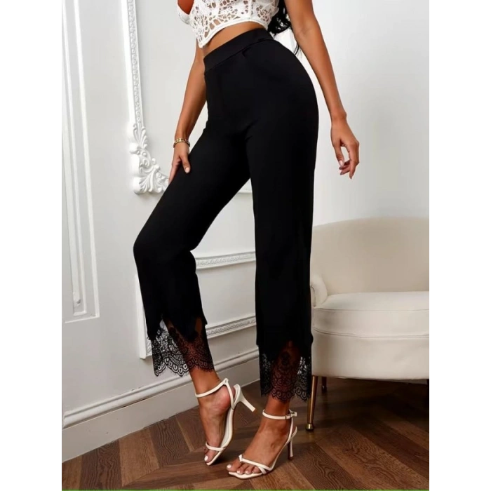 Kadın Yüksel Bel Paça Ağzı Dantelli Dalgıç Pantolon