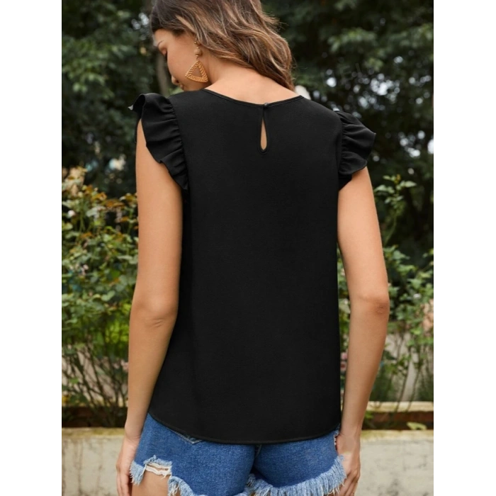 Kadın Yuvarlak Yaka Kolları Fırfırlı Krep Bluz