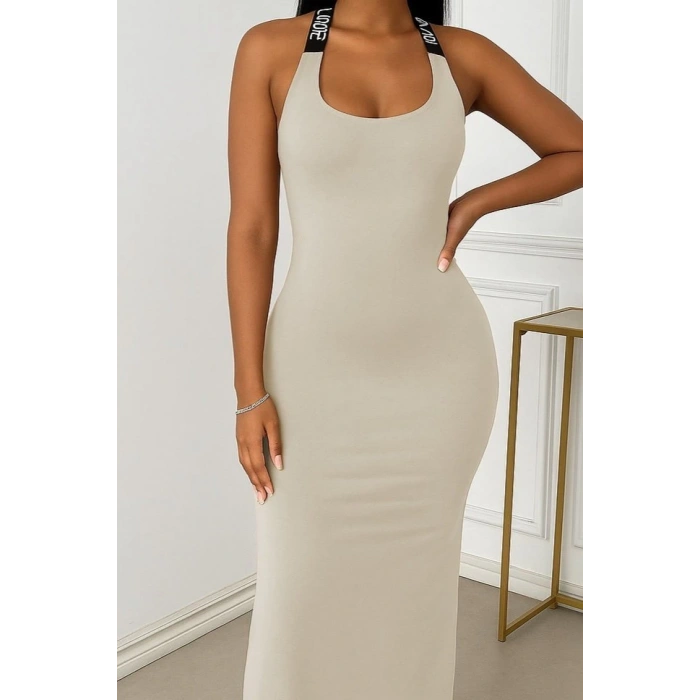 Kadın Yuvarlak Yaka Sırttan çapraz şerit Love Detaylı Yırtmaçlı Viskon Elbise