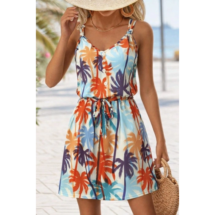 Kadını Askılı V Yakalı Duğme Detaylı Desenli Kısa Süprem Elbise