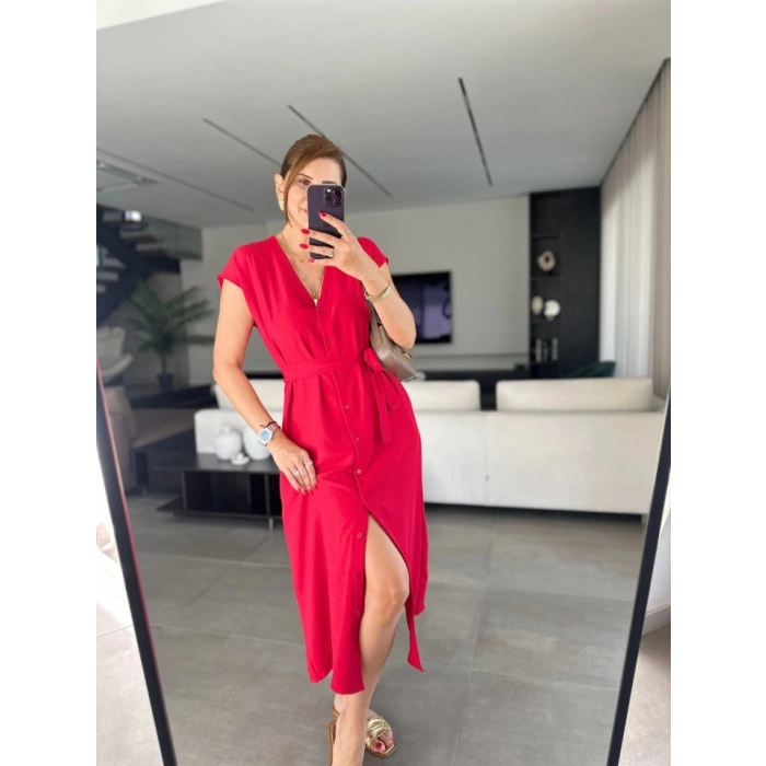 Kadınn V Yaka Düğme Detay Kuşak Dahil Elbise