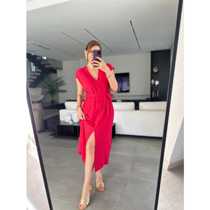 Kadınn V Yaka Düğme Detay Kuşak Dahil Elbise