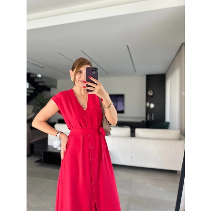 Kadınn V Yaka Düğme Detay Kuşak Dahil Elbise