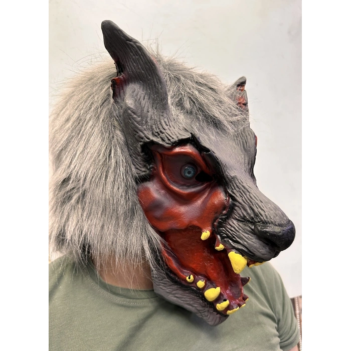 Kafaya Tam Geçmeli Lateks Dişli Ağzı Açık Kurt Maskesi (4940)
