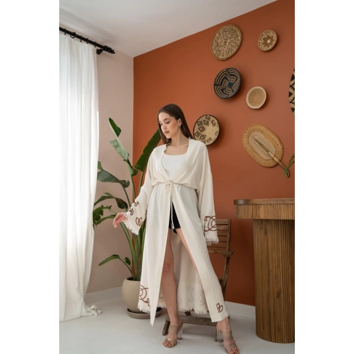 Kahverengi Baskı Detay Keten Hırka