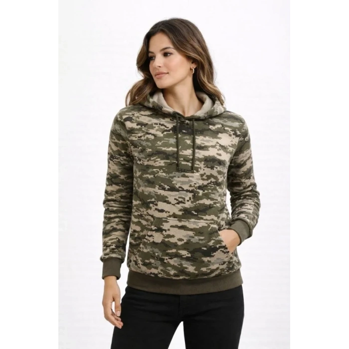 Kamuflaj Desenli 2 İplik 4 Mevsim Kapüşonlu Kanguru Cepli Hoodie Sweatshirt - Kamuflaj