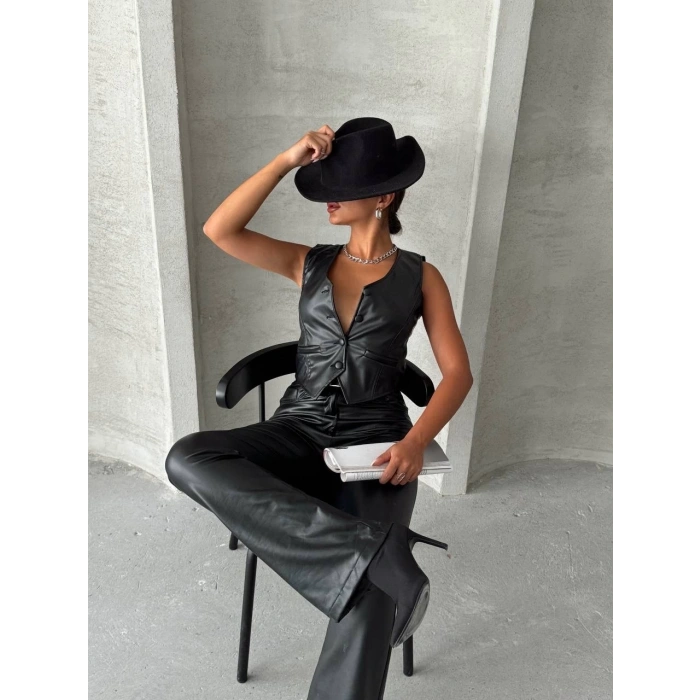 Kaplama düğmeli deri yelek siyah s24398