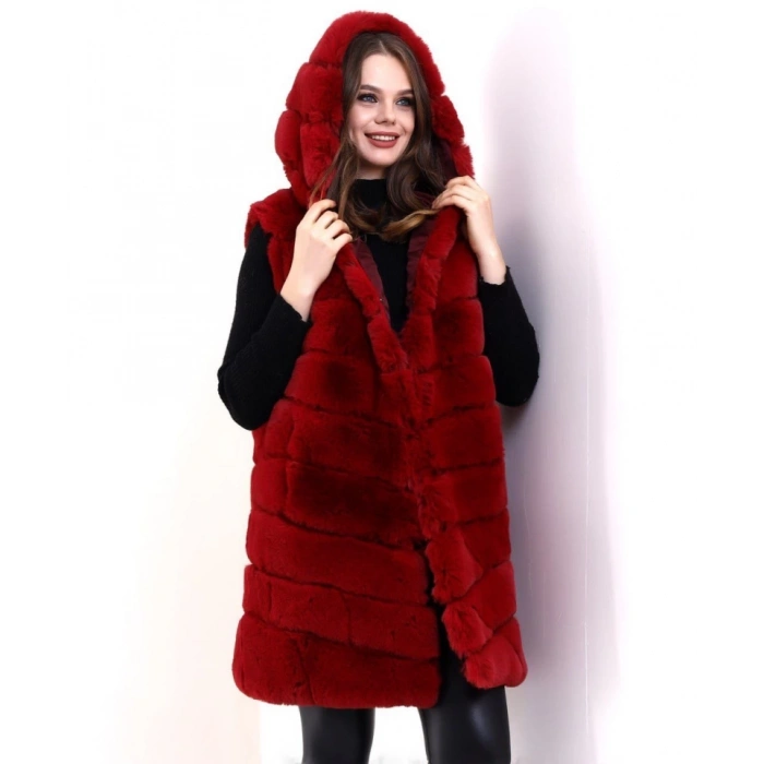 Kapşonlu Peluş Kürk Yelek Premium Kalite, Tam Astarlı, Uzun Model - Kırmızı