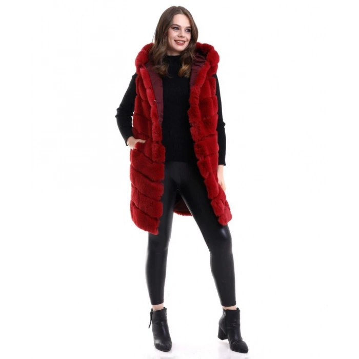 Kapşonlu Peluş Kürk Yelek Premium Kalite, Tam Astarlı, Uzun Model - Kırmızı