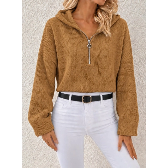 Kapüşonlu Fermuarlı Dokulu Sweatshirt