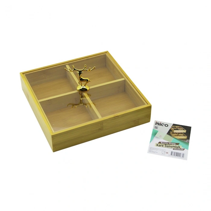 KARE 4 BÖLMELİ=2IN1=BÖLMESİZ ÇOK AMAÇLI KUTU AHŞAP BAMBU SERVİS SUNUM TEPSİ - TAHTASI 22X22X5CM (4940)