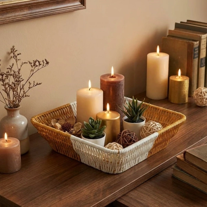 Kare Çift Renkli Plastik Rattan Ekmek ve Meyve Sepeti - Çok Amaçlı Banyo ve Mutfak Düzenleyici - Yıkanabilir Tezgâh Üstü Organizer (4940)